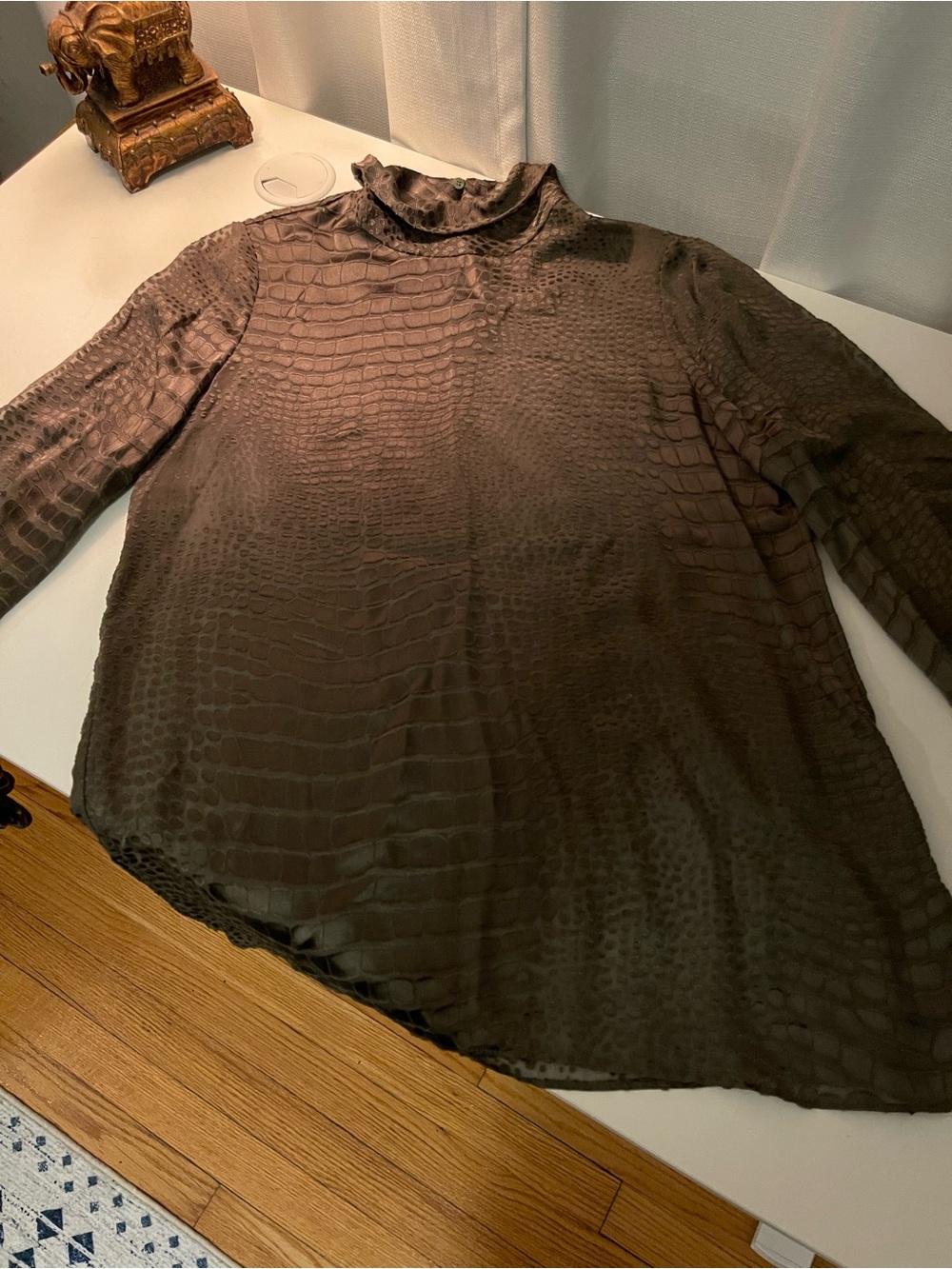 Reiss Taupe Dot-Jacquard Mock Neck Blouse